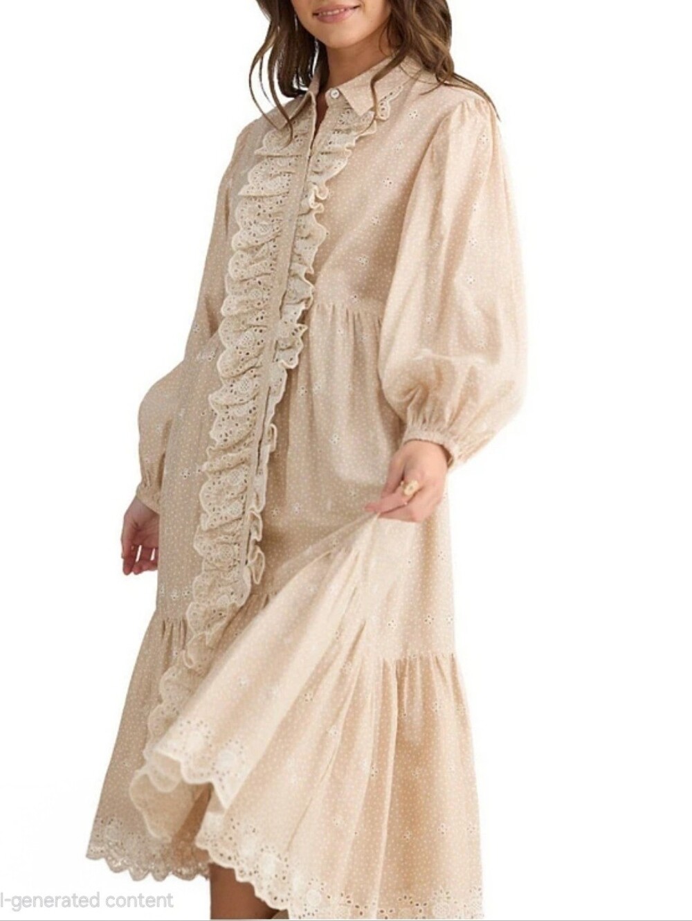 Talisman Garden Party Embroidered Eyelet Shirt Collar Long Sleeve Blouson Dress